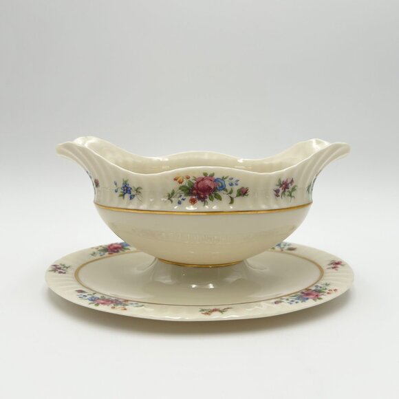Lenox Pavlova Gravy Boat With Attached Underplate Floral Design Gold Trim Ivory - Picture 1 of 8